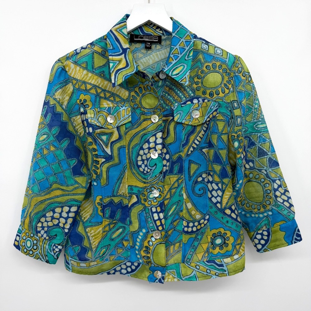 Vintage Jacket Top Shirt Size PM Button Up Sheer Burnout Artsy Boho 3/4 Sleeve M
